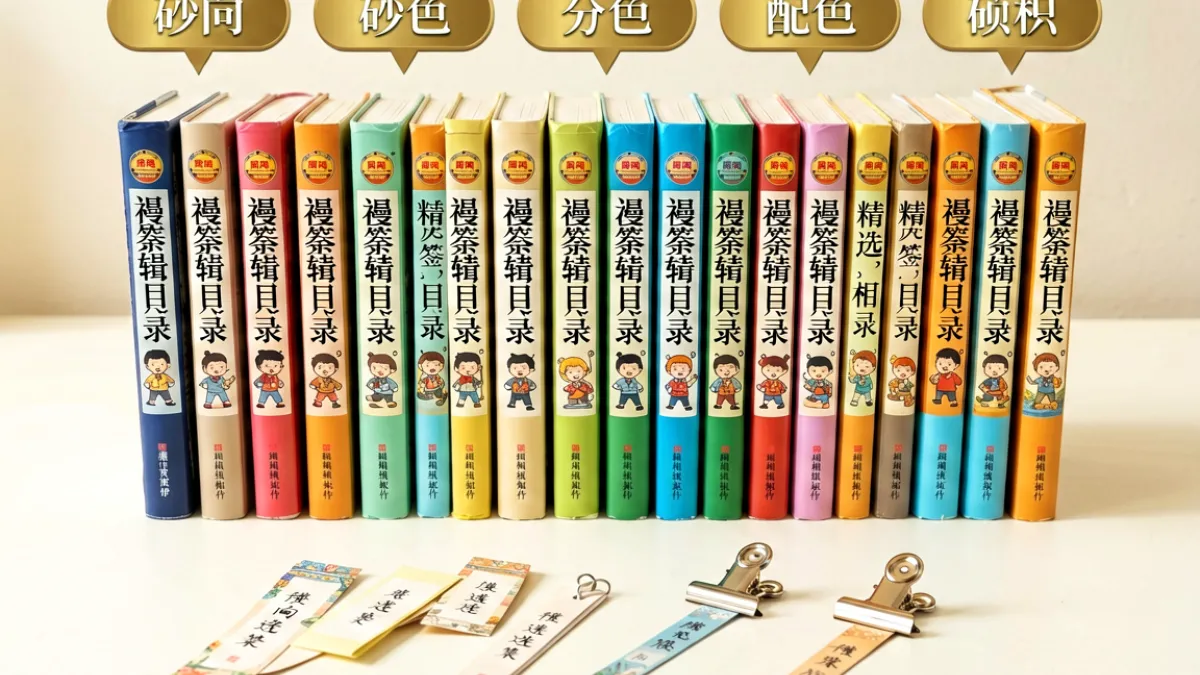 横向排布的漫画书脊阵列图，从左至右依次呈现不同题材配色标识，上方悬浮砂金色分类标签，下方暖白桌面上摆放着翻页书签与金属书签夹，突出编辑部精选目录的氛围