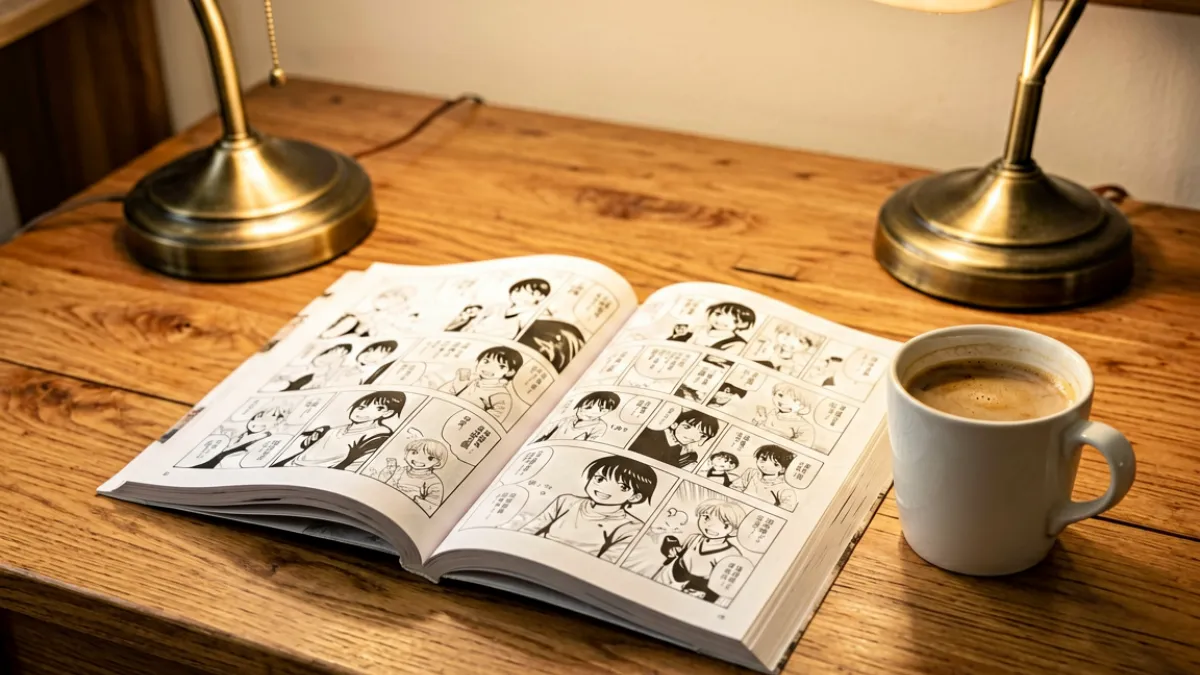 暖色调木质书桌场景，桌面上摊开几本漫画册，旁边放着一杯咖啡和一盏复古台灯，光线柔和洒在书页上